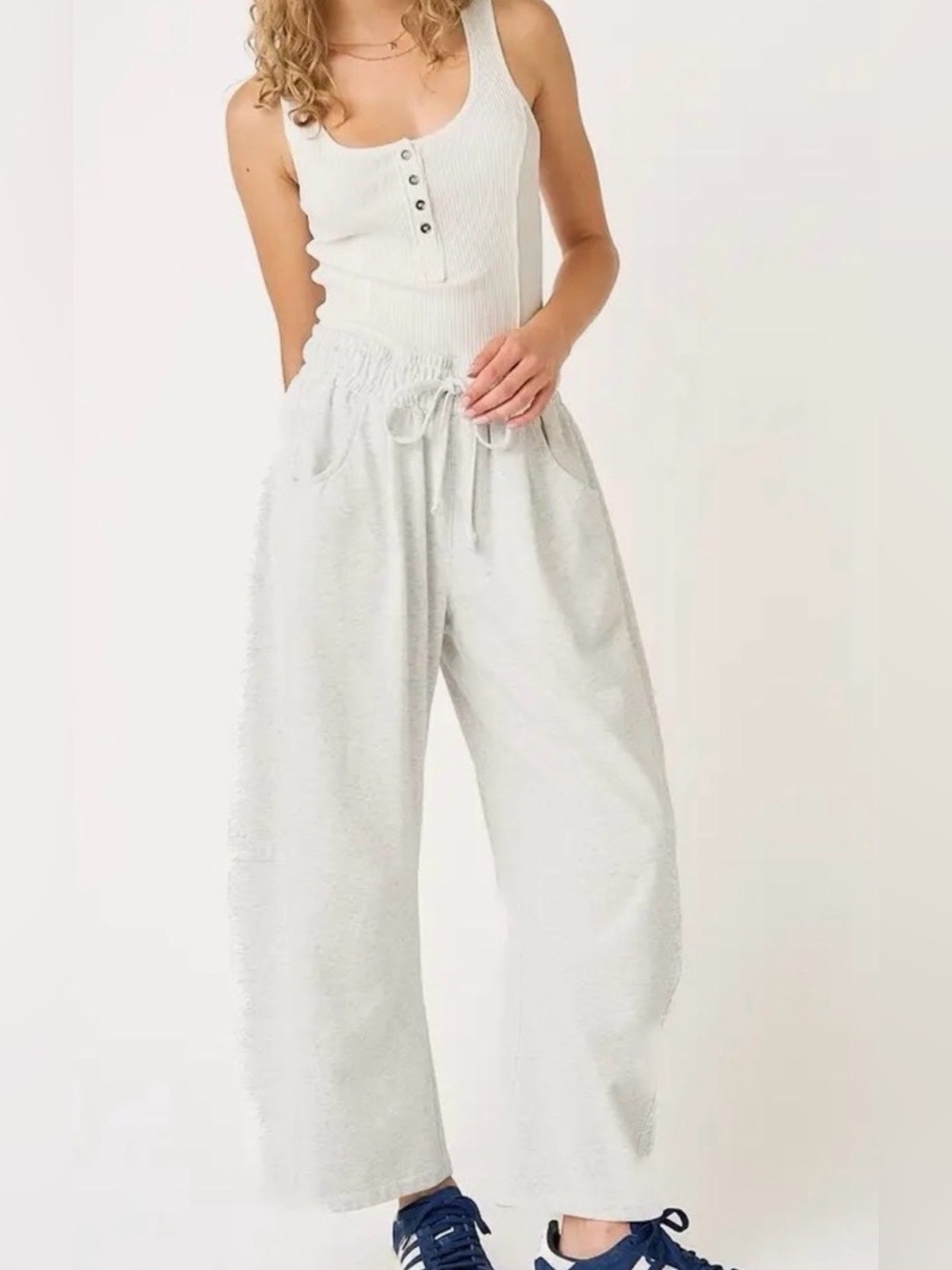 Light Gray Wide-Leg Drawstring barrel Pants